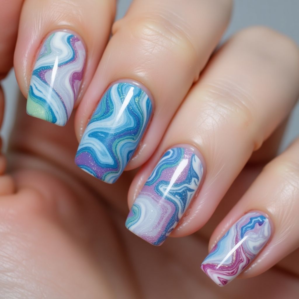 Acrylic Colors Water Marbling Nail Design