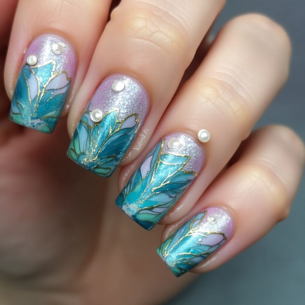 Mermaid Powder Water Marbling Nail Design