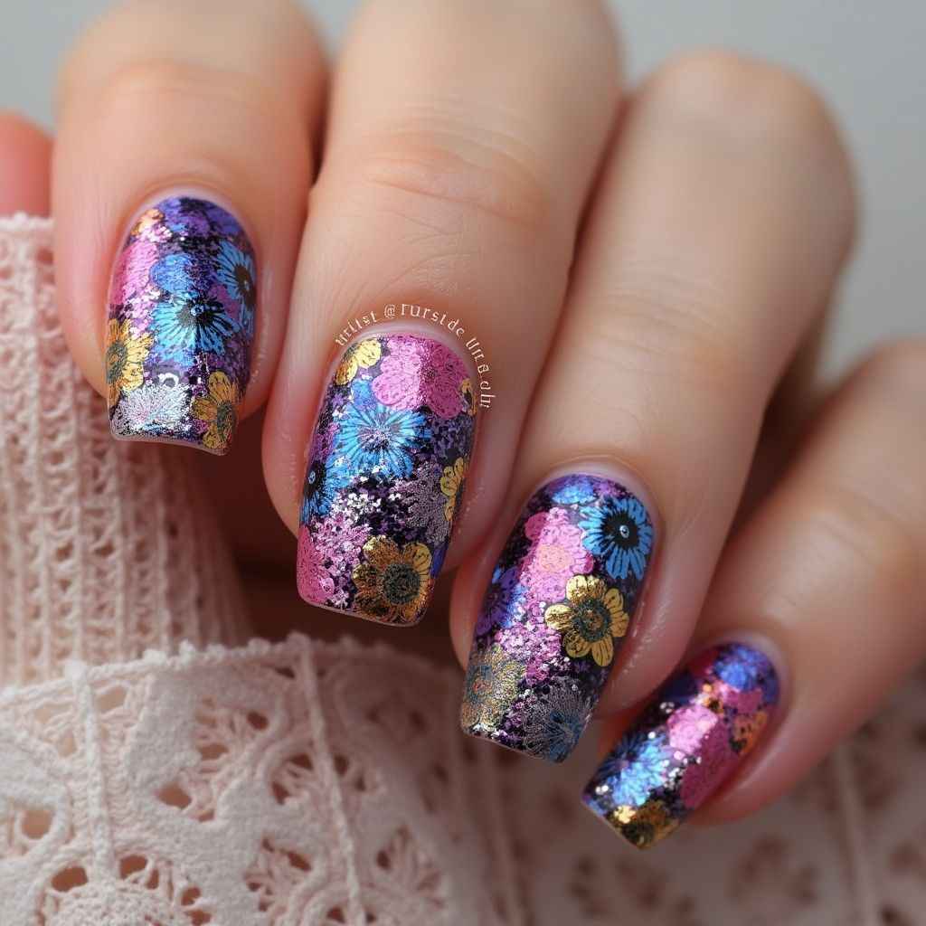 Sequins Freehand Art Nail Design