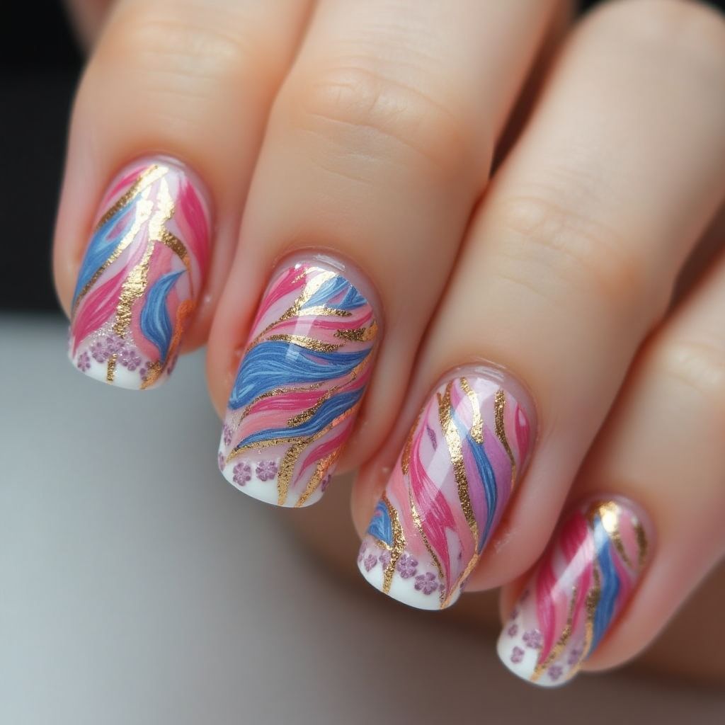 Striping Tape Water Marbling Nail Design