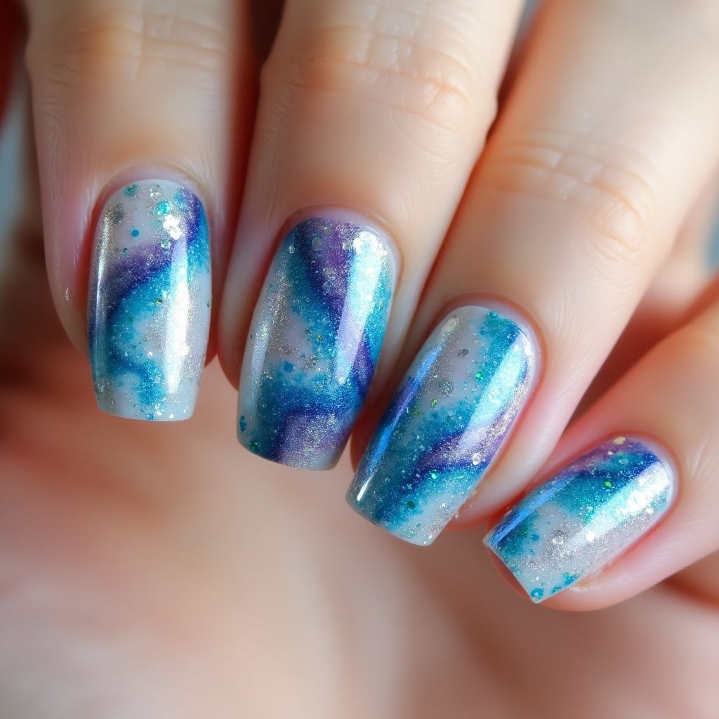 Glitter Flakes Water Marbling Nail Design