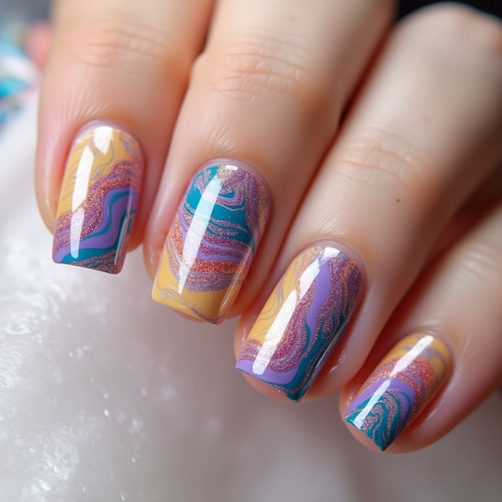 Nail Glue Water Marbling Nail Design