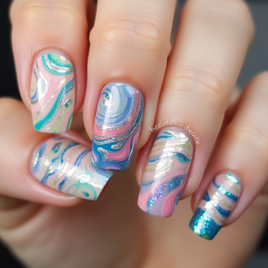 Striping Tape Water Marbling Nail Design