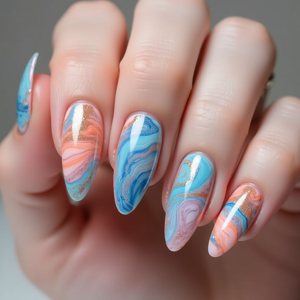 Acrylic Colors Water Marbling Nail Design