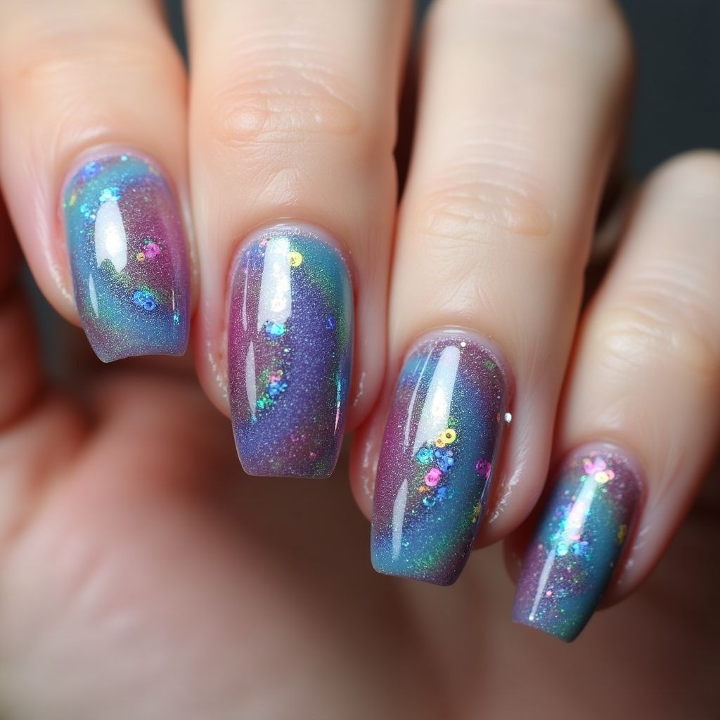 Sequins Water Marbling Nail Design