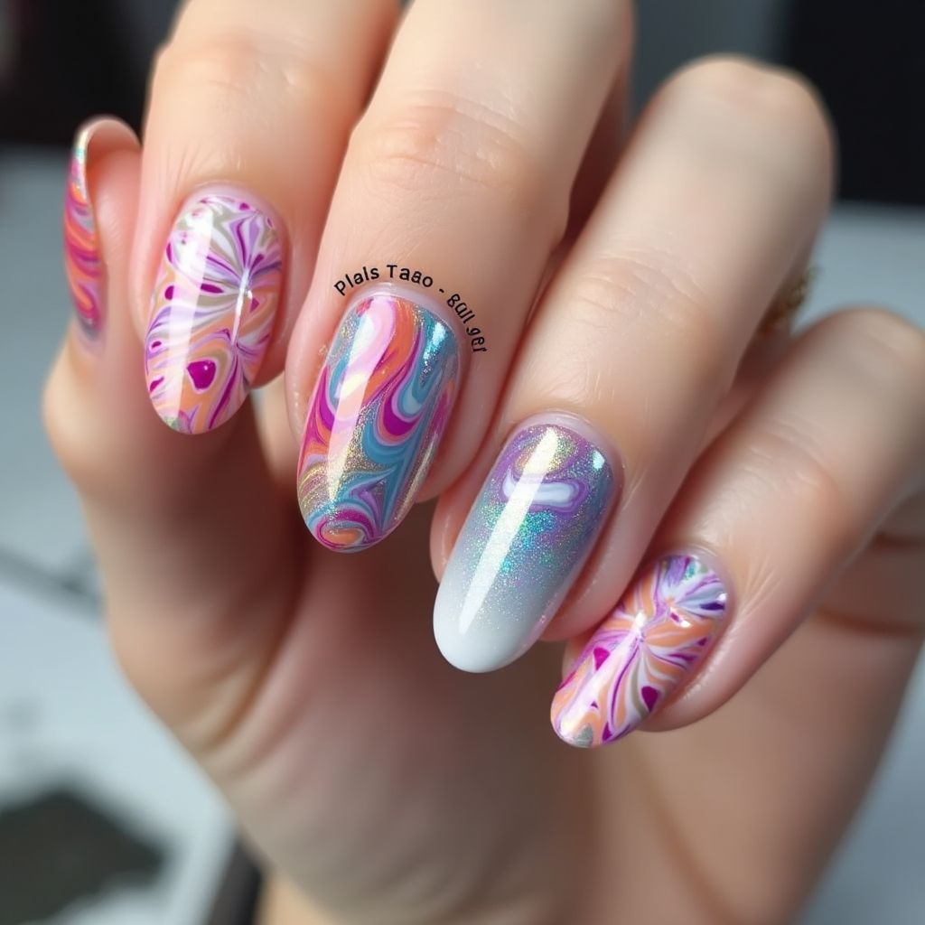 Poly Gel Water Marbling Nail Design