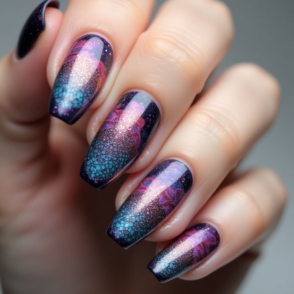 Holo Powder Freehand Art Nail Design