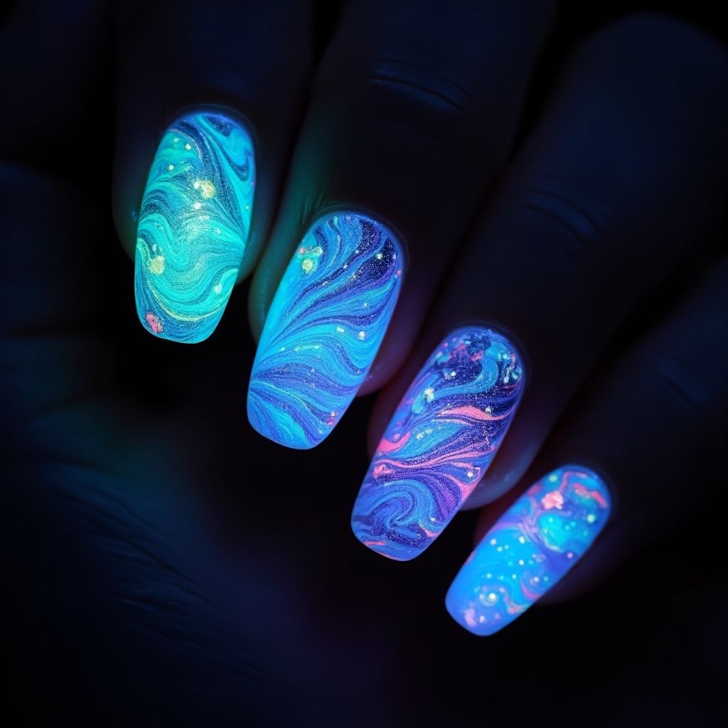Glow In The Dark Polish Water Marbling Nail Design