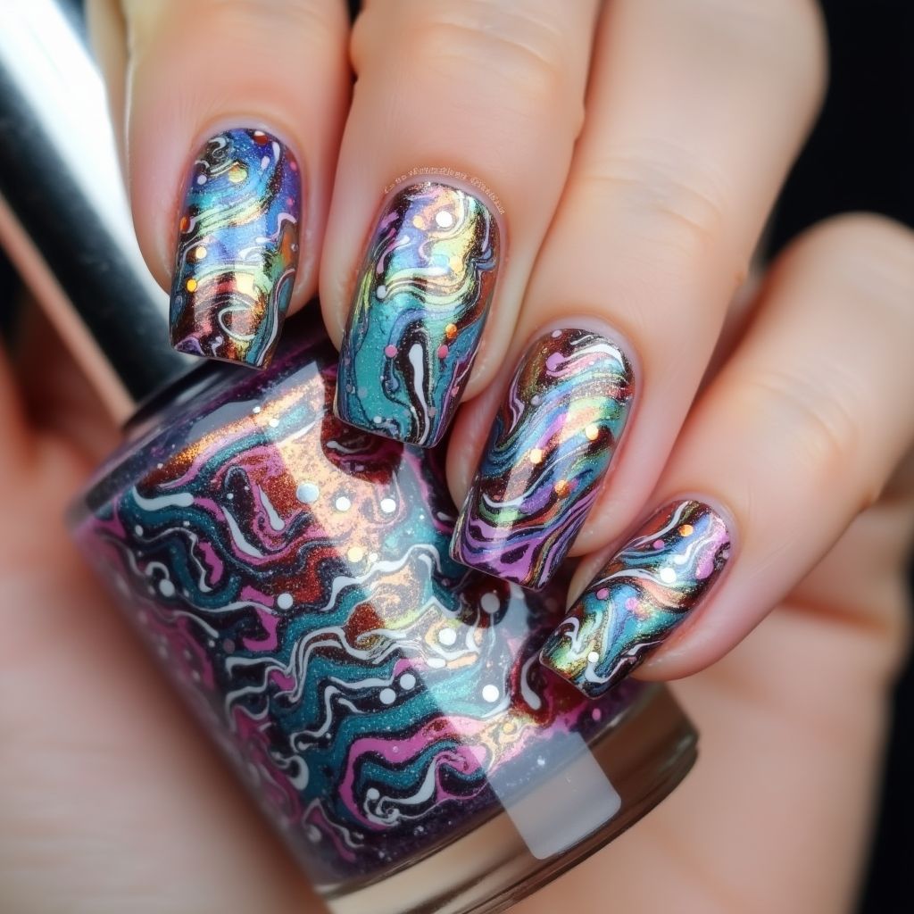 Sequins Water marbling Nail Design