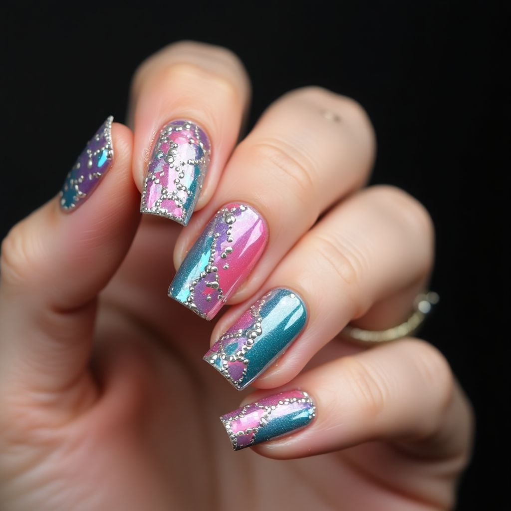 Chrome Powder Dotting Nail Design