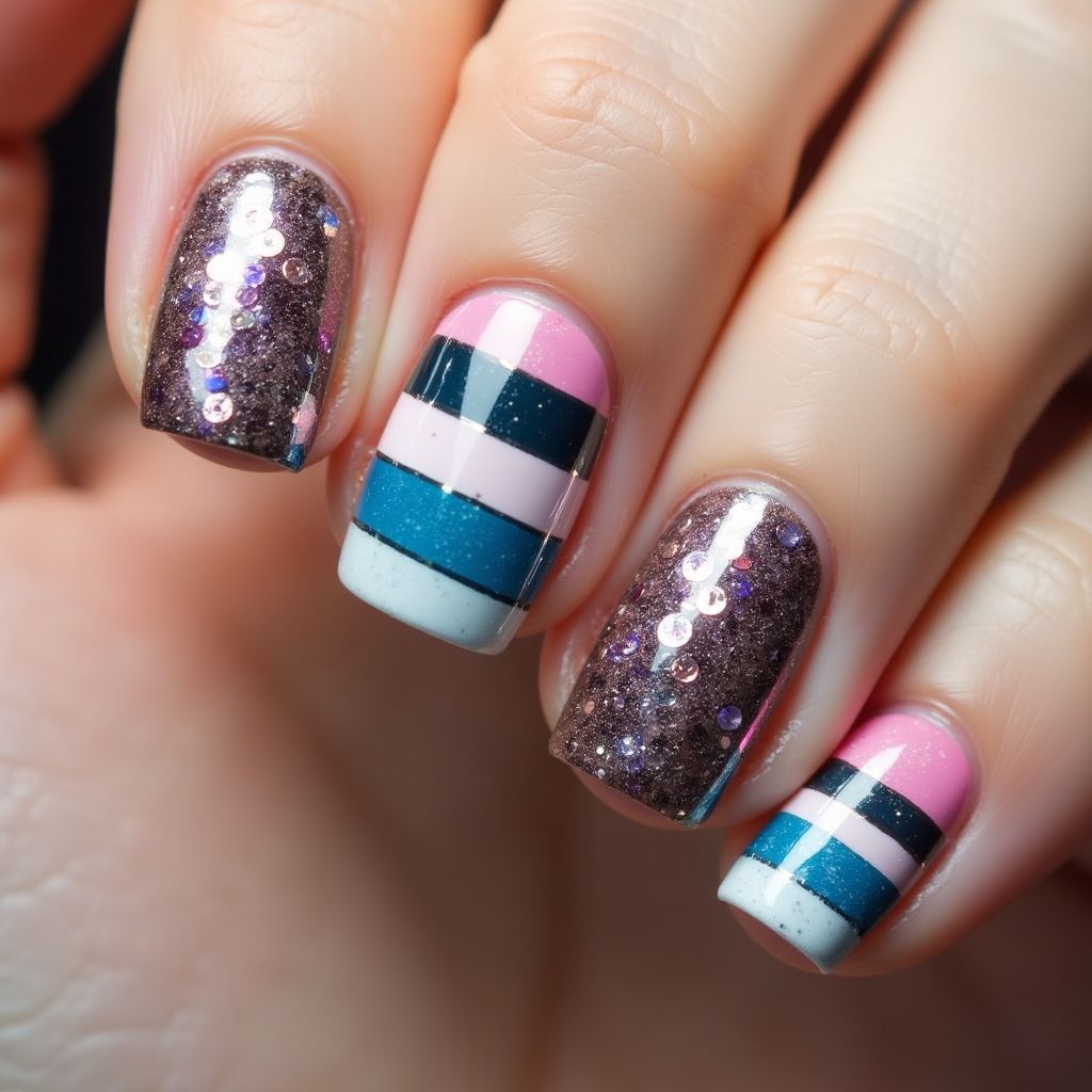 Sequins Stripes And Lines Nail Design