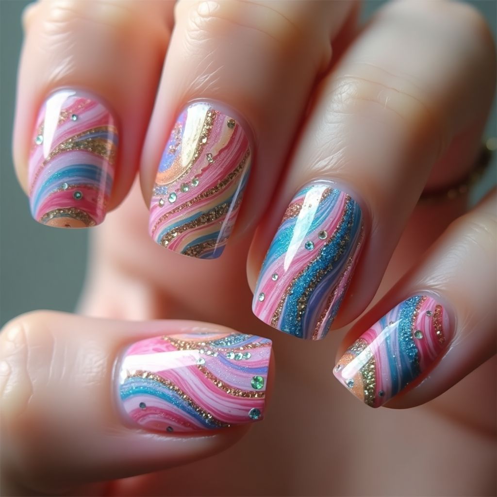 Rhinestones Water Marbling Nail Design