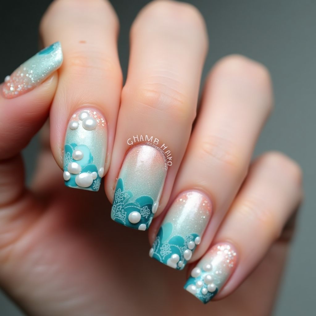 Mermaid Powder Freehand Art Nail Design