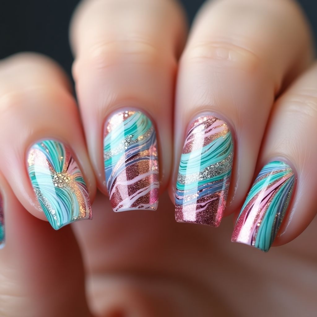 Rhinestones Water Marbling Nail Design