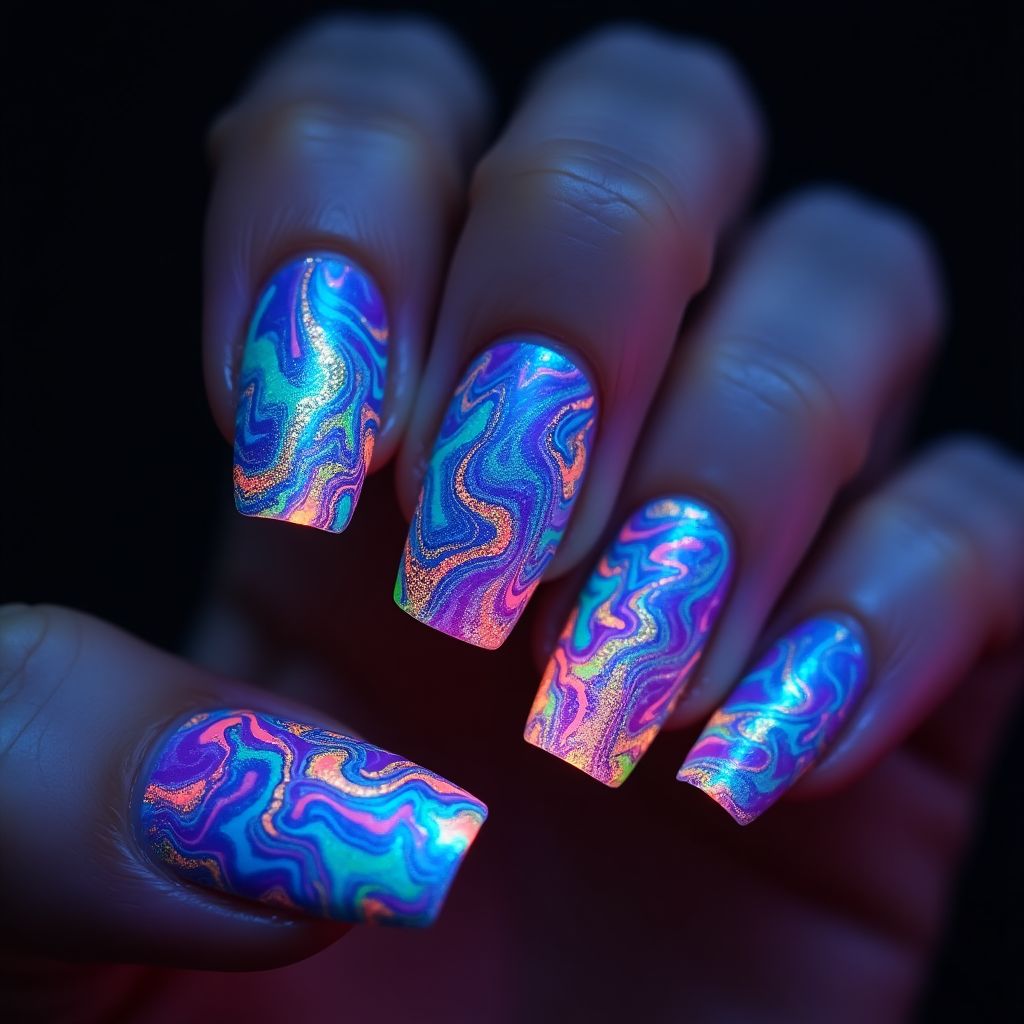 Glow In The Dark Polish Water Marbling Nail Design
