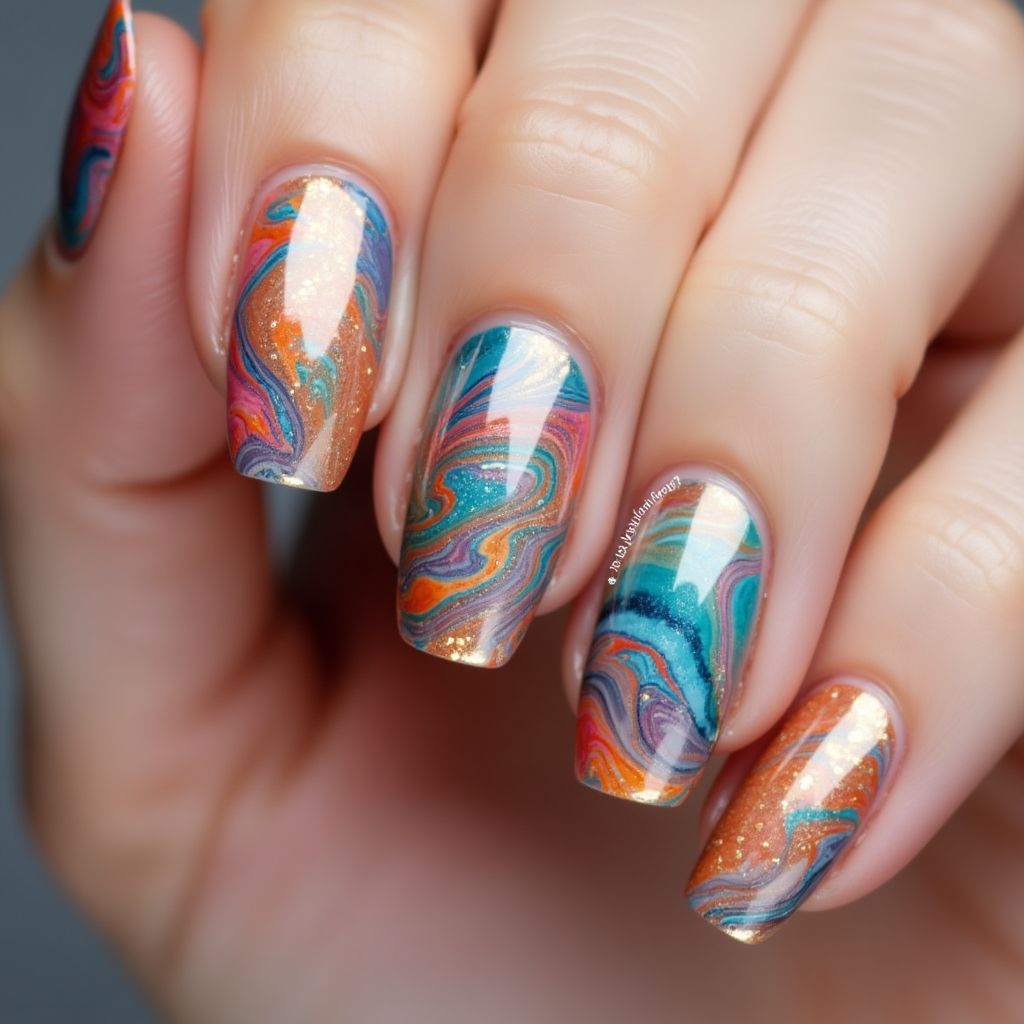 Acrylic Colors Water Marbling Nail Design