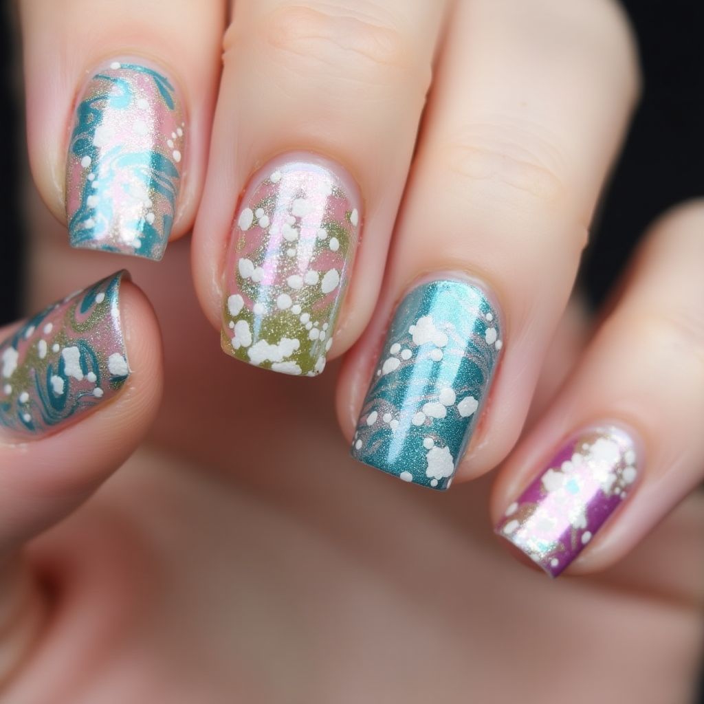 Glitter Powder Water Marbling Nail Design