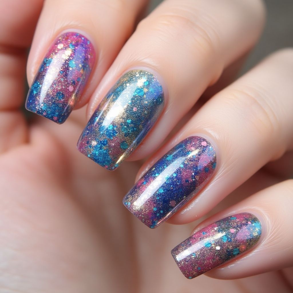 Glitter Powder Water Marbling Nail Design