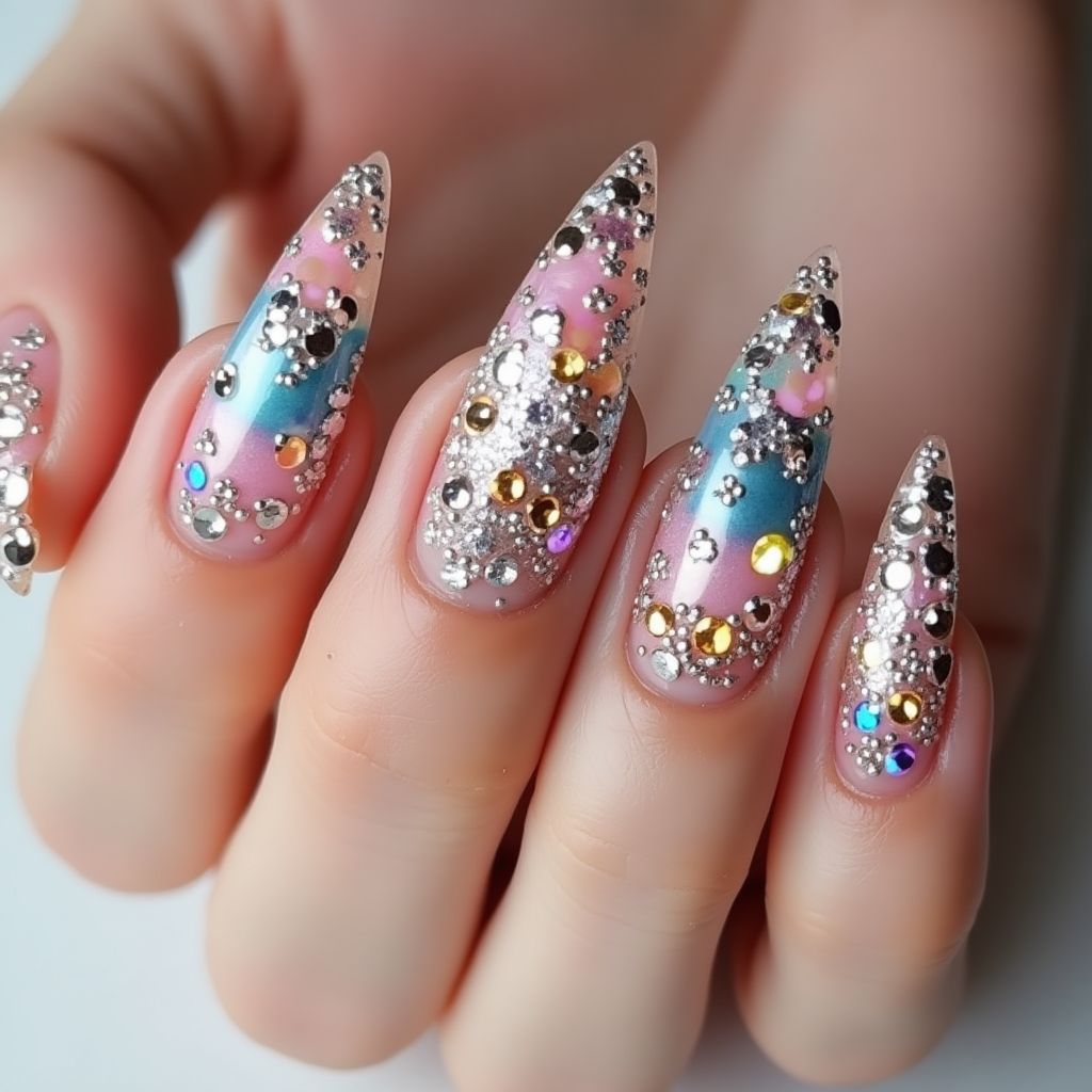 Rhinestones Freehand Art Nail Design