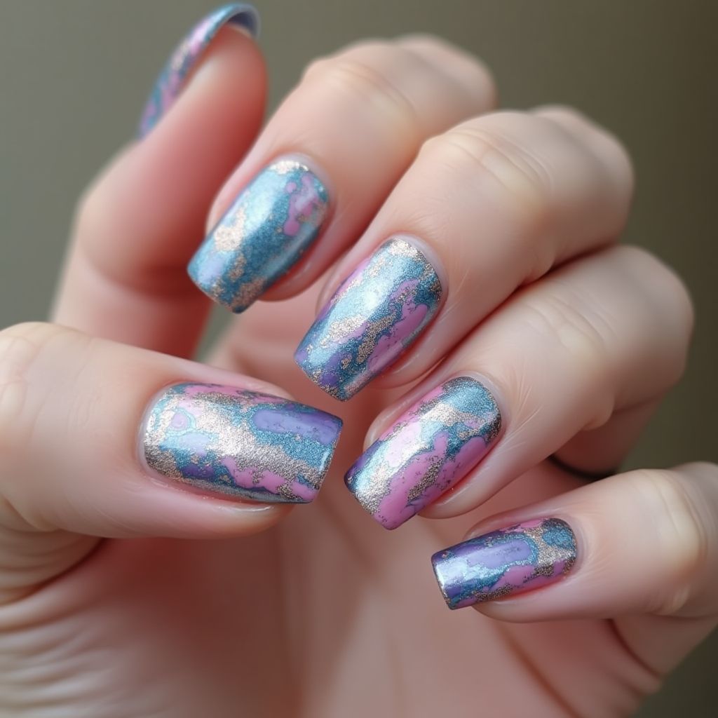 Chrome Powder Water Marbling Nail Design