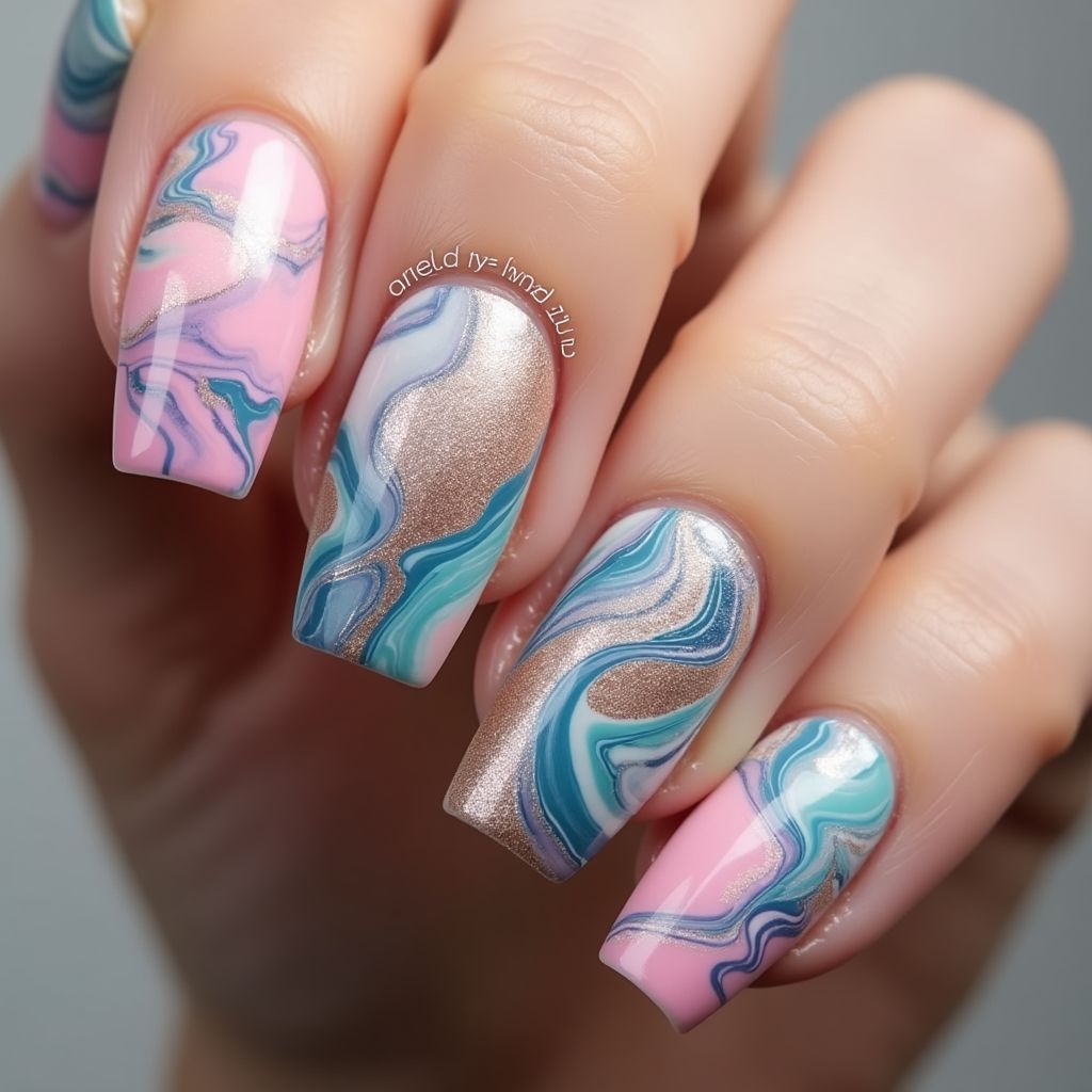 Acrylic Powder Water Marbling Nail Design