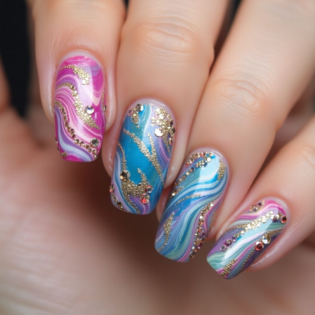 Rhinestones Water Marbling Nail Design