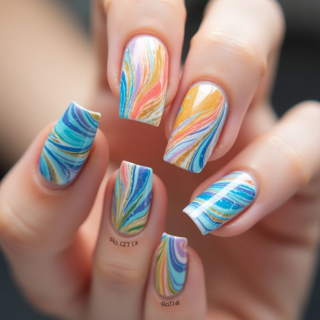 Striping Tape Water Marbling Nail Design