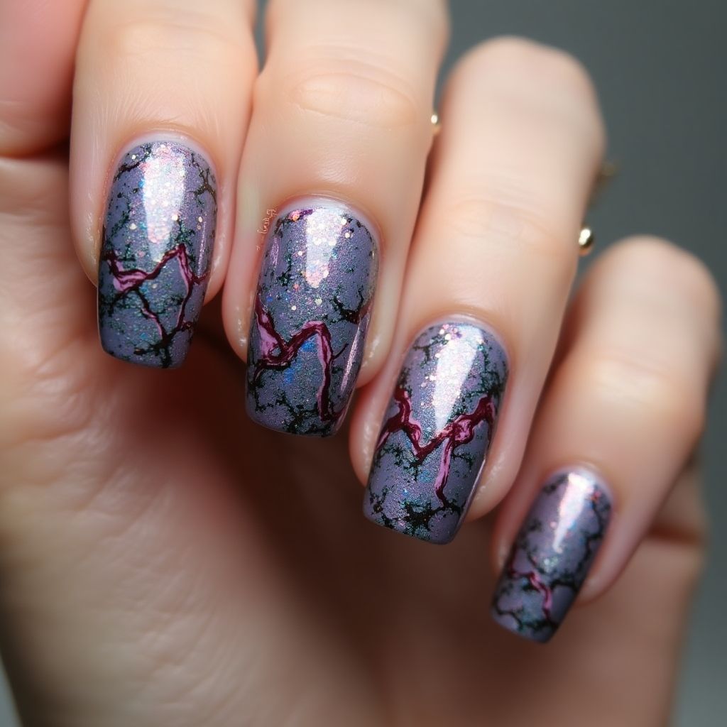 Chrome Powder Freehand Art Nail Design