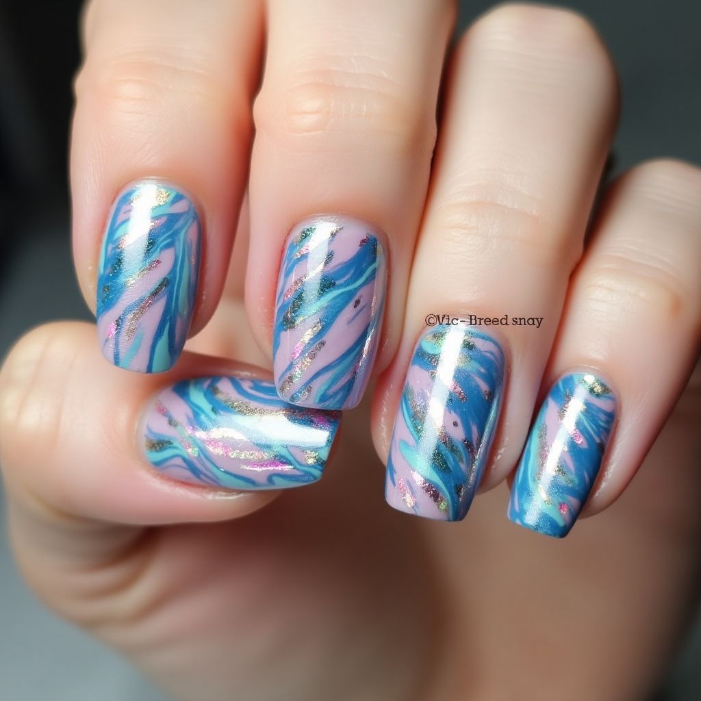 Nail Foil Water Marbling Nail Design