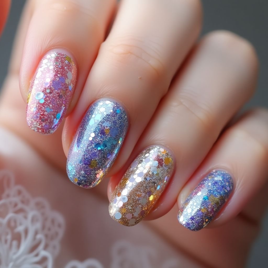 Glitter Flakes Water Marbling Nail Design