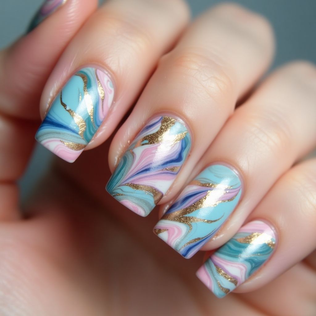 Base Coat Water Marbling Nail Design