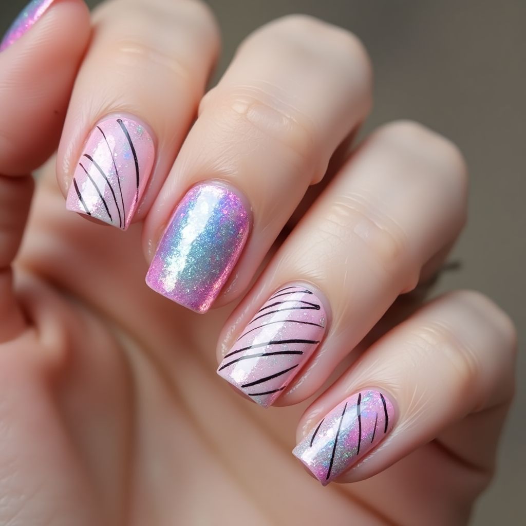 Holo Powder Stripes And Lines Nail Design