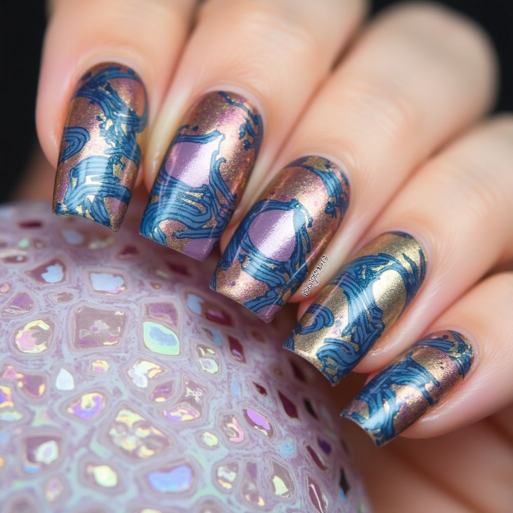 Nail Foil Water Marbling Nail Design