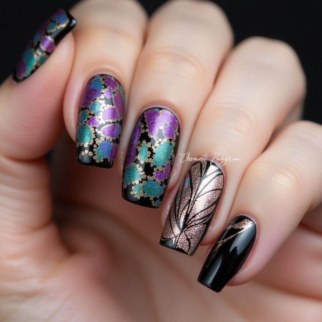 Chrome Powder Freehand Art Nail Design