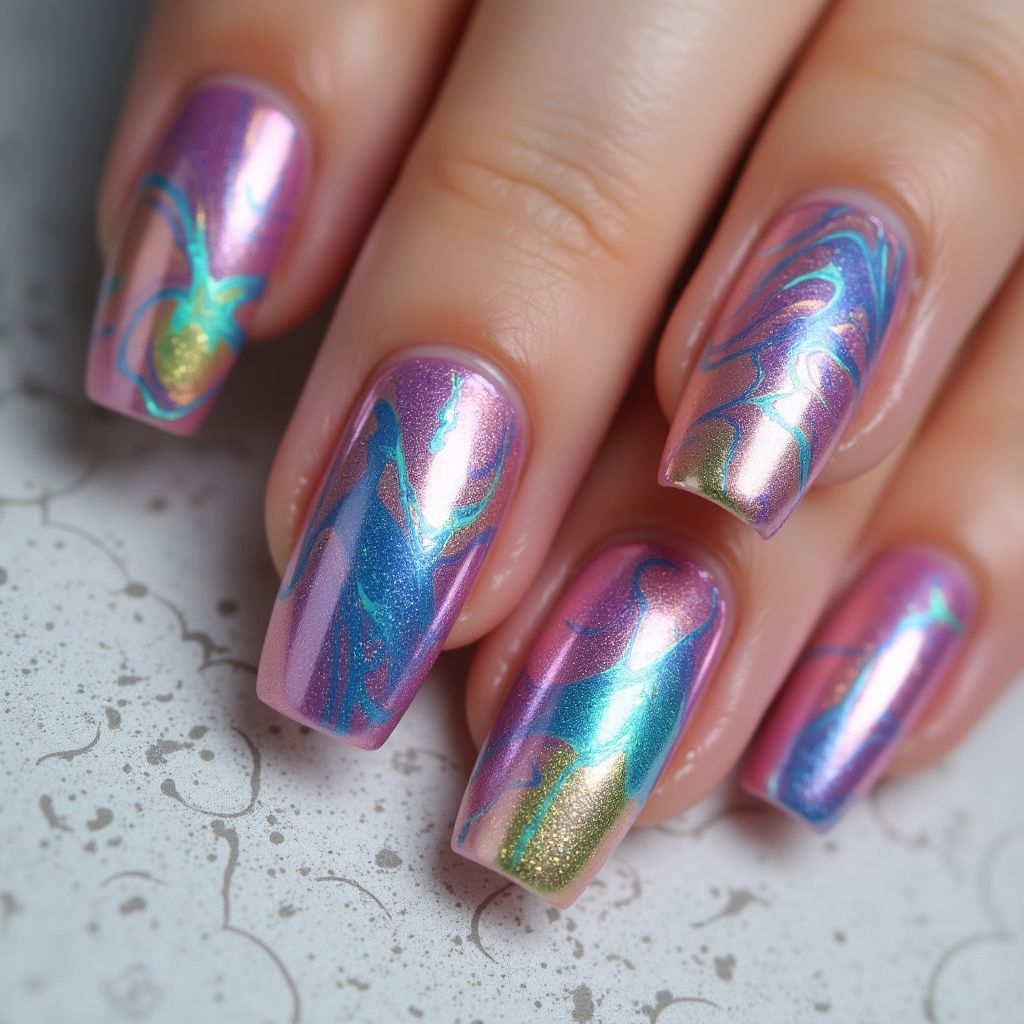 Chrome Powder Water Marbling Nail Design