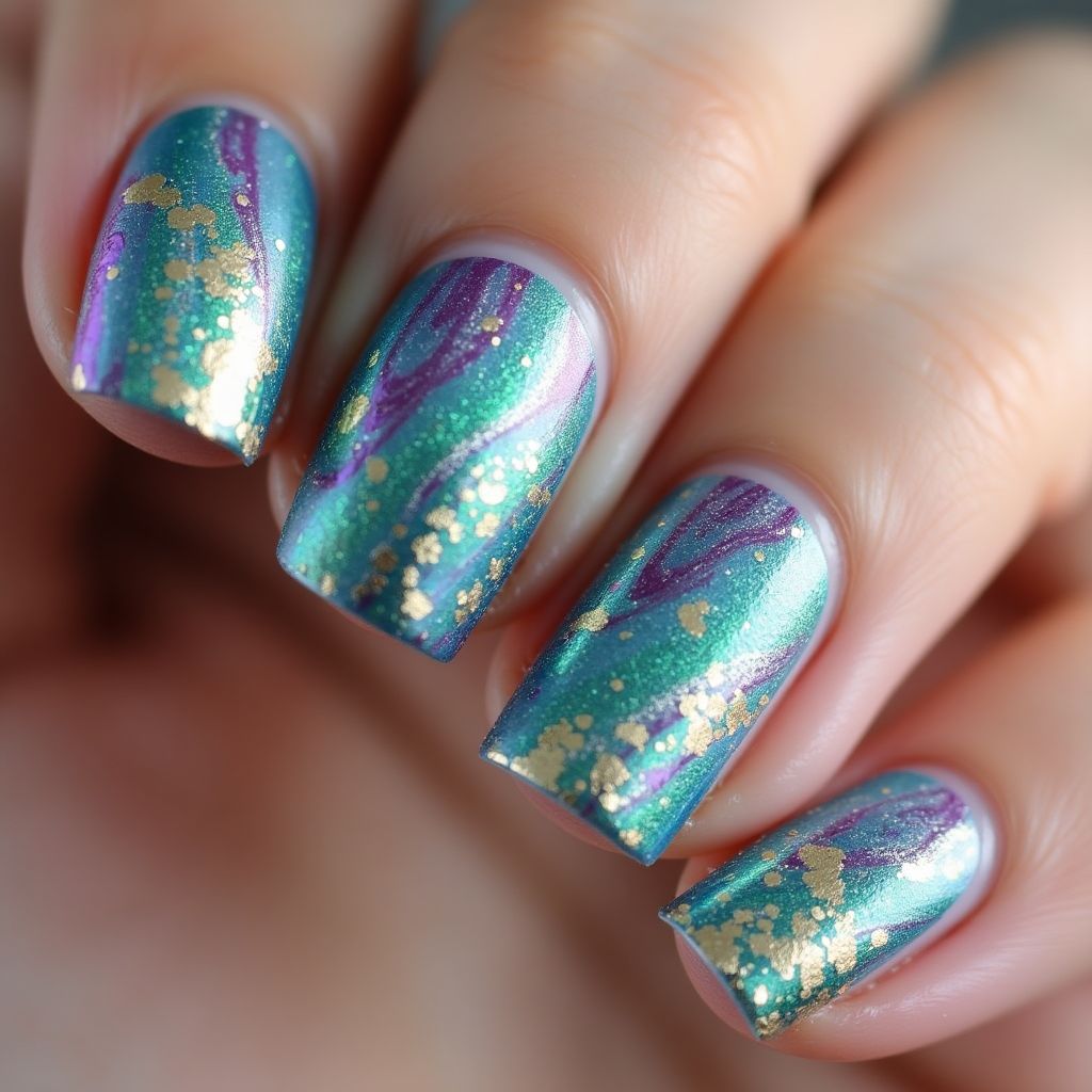 Glitter Flakes Water Marbling Nail Design