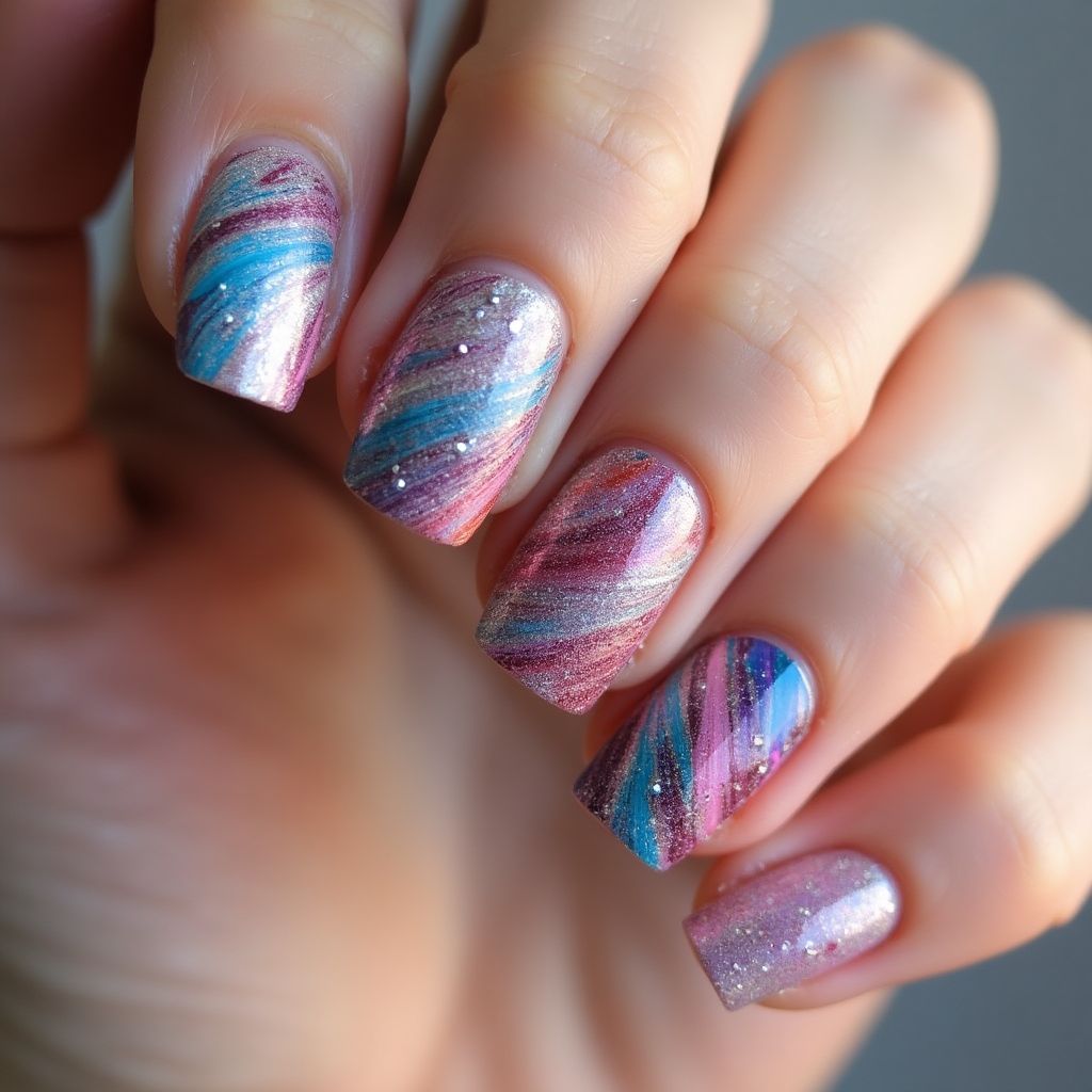 Glitter Powder Water Marbling Nail Design