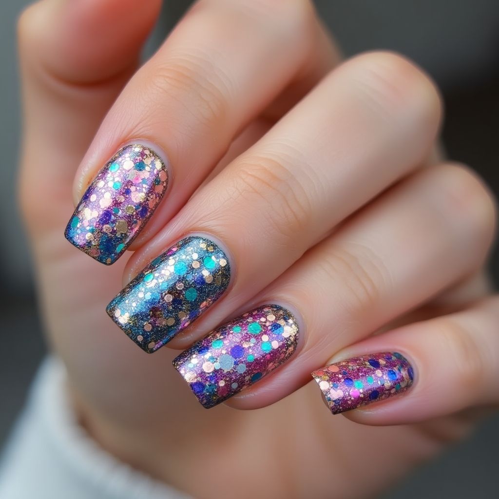 Glitter Flakes Freehand Art Nail Design