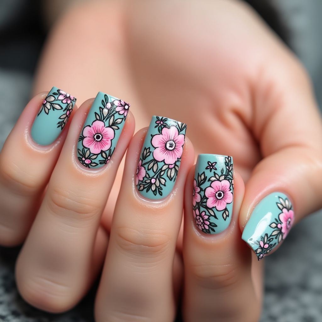 Acrylic Powder Freehand Art Nail Design