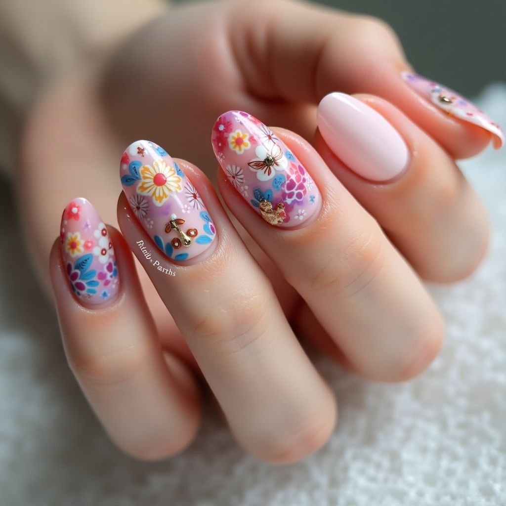 Acrylic Powder Freehand Art Nail Design