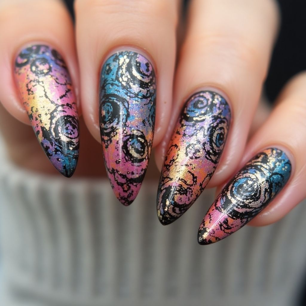 Glitter Powder Freehand Art Nail Design