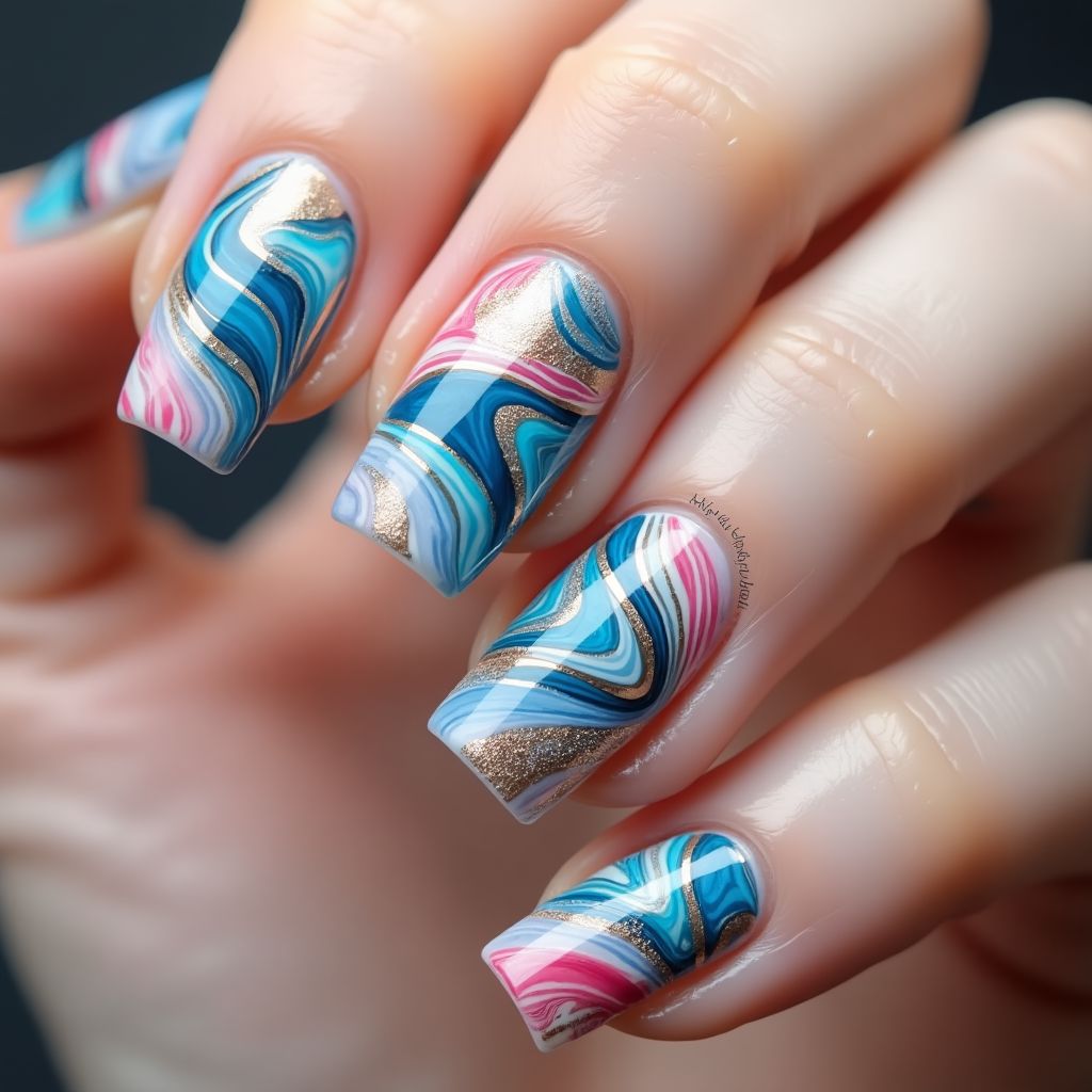 Base coat Water marbling Nail Design