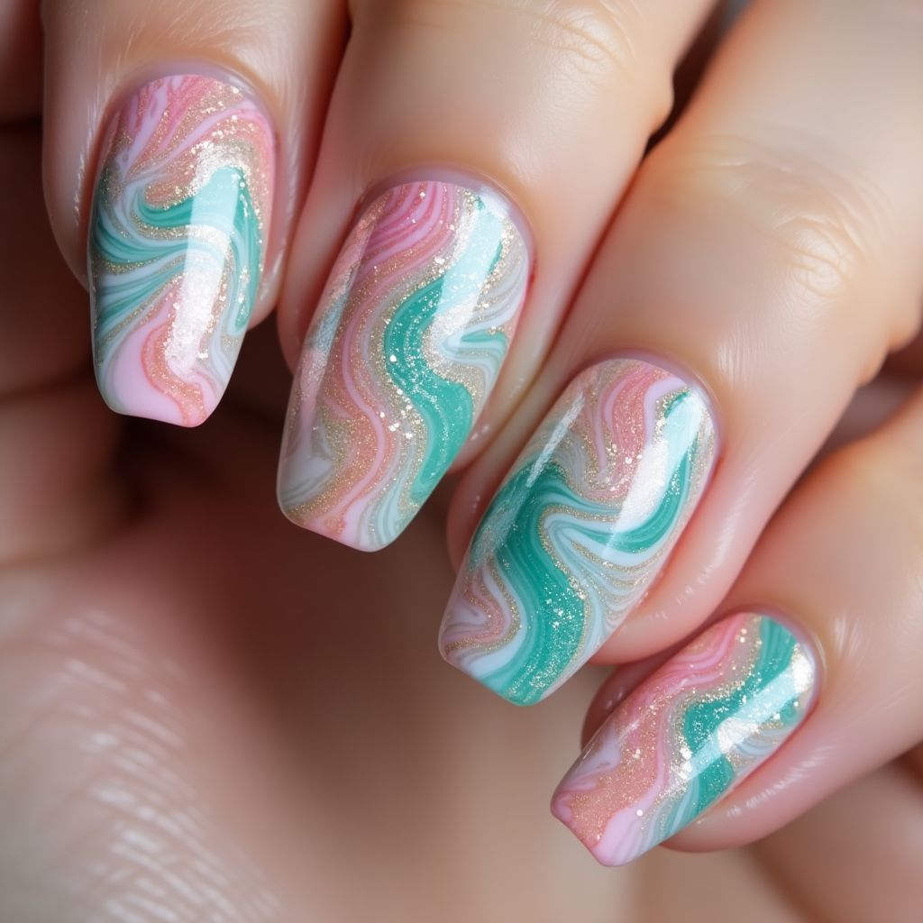 Holo Powder Water Marbling Nail Design