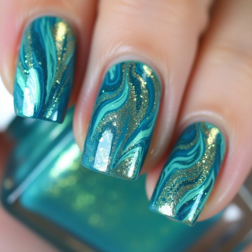 Mermaid Powder Water Marbling Nail Design