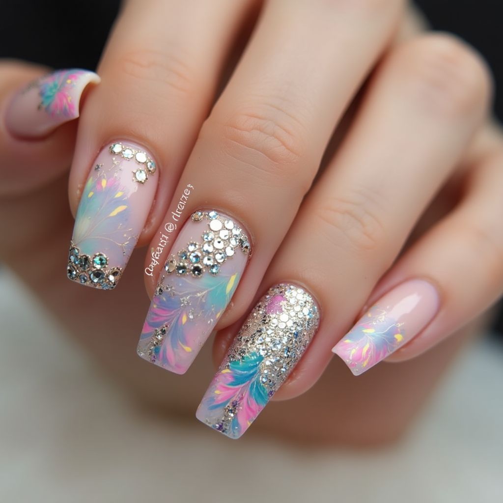 Rhinestones Freehand Art Nail Design