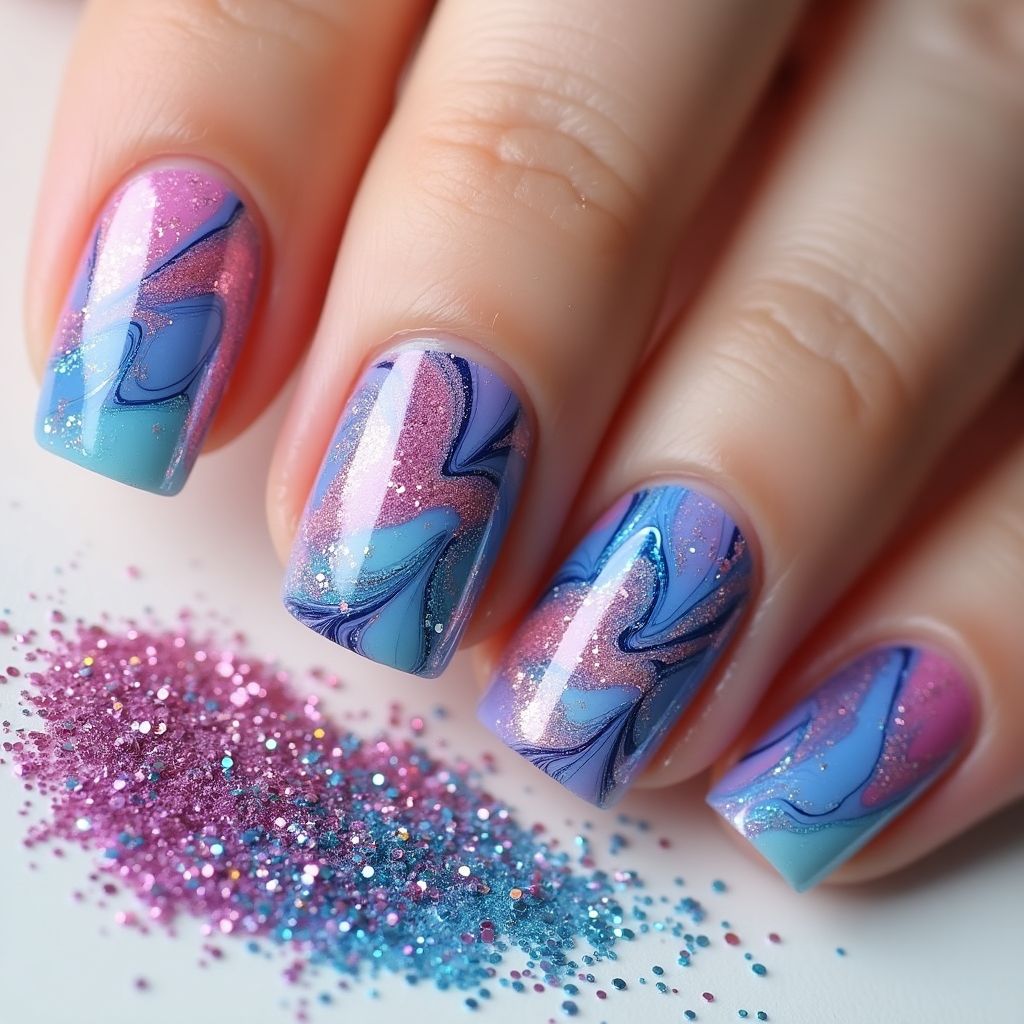Glitter Powder Water Marbling Nail Design