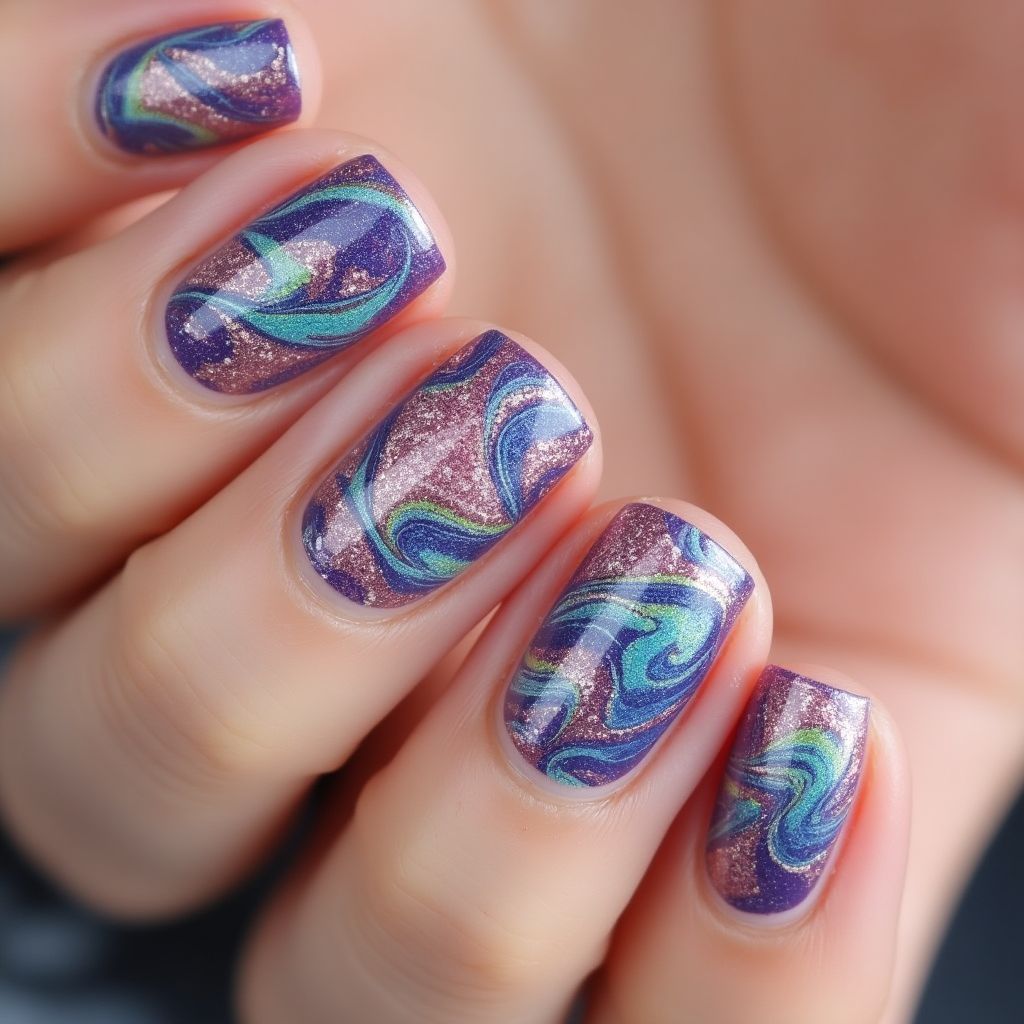 Caviar Beads Water Marbling Nail Design