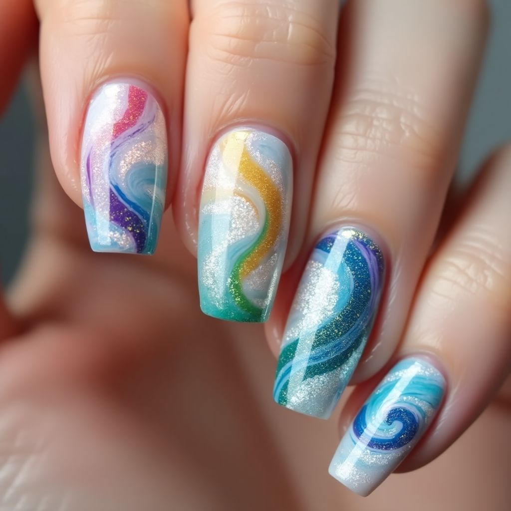 Glitter Flakes Water Marbling Nail Design