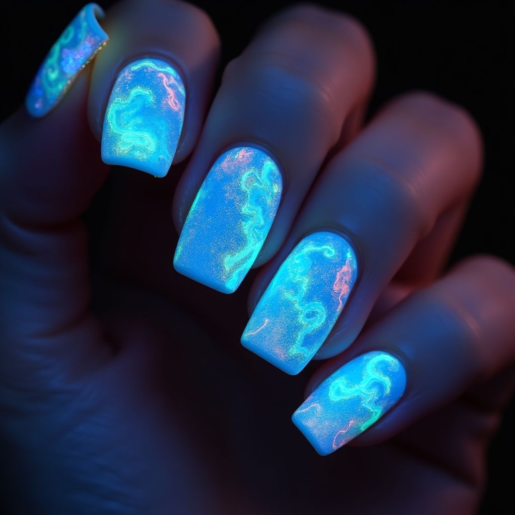 Glow In The Dark Polish Water Marbling Nail Design