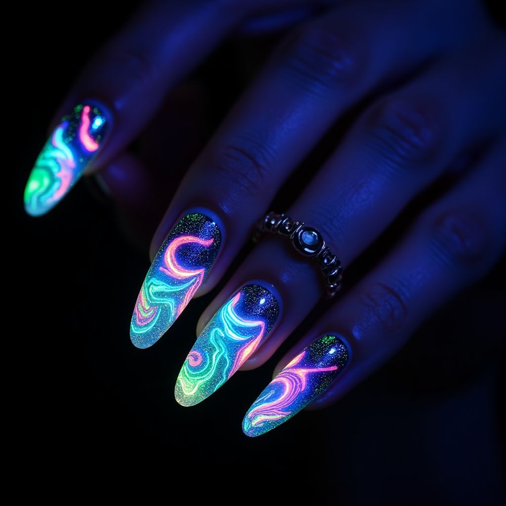 Glow-in-the-dark polish Water marbling Nail Design
